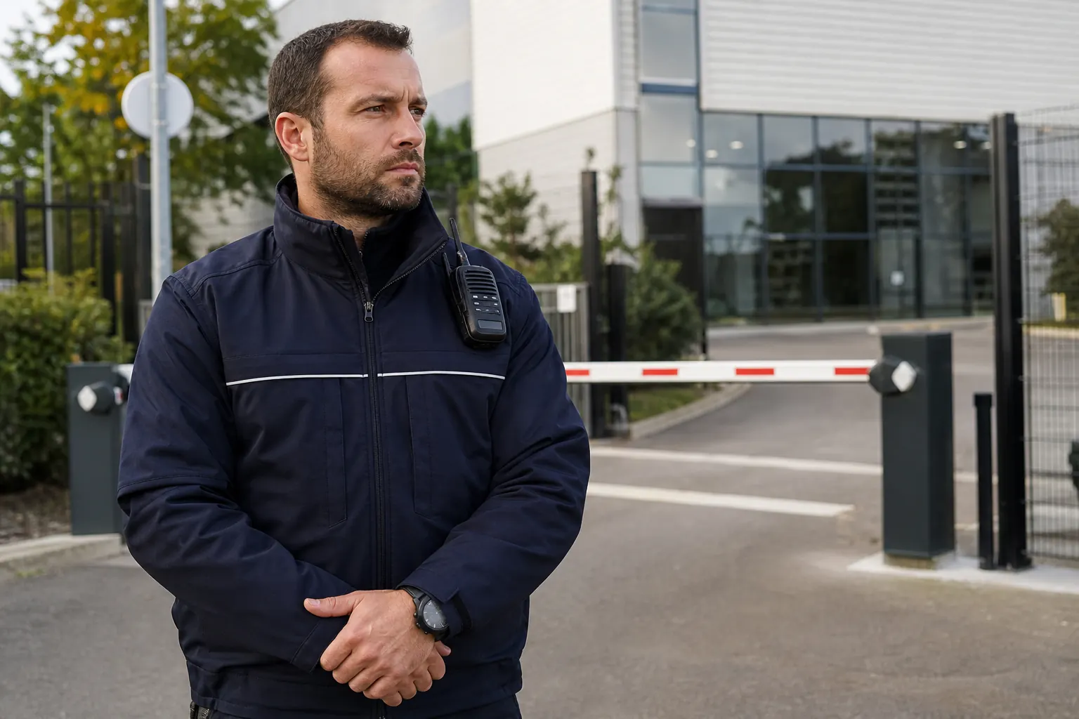 un agent de sécurité privée en veste bleu marine, ancien profil sportif, devant un site d'entreprise
