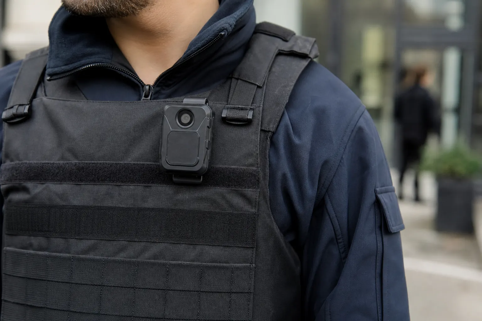 gros plan sur le torse d'un agent avec une caméra-piéton noire sans marque