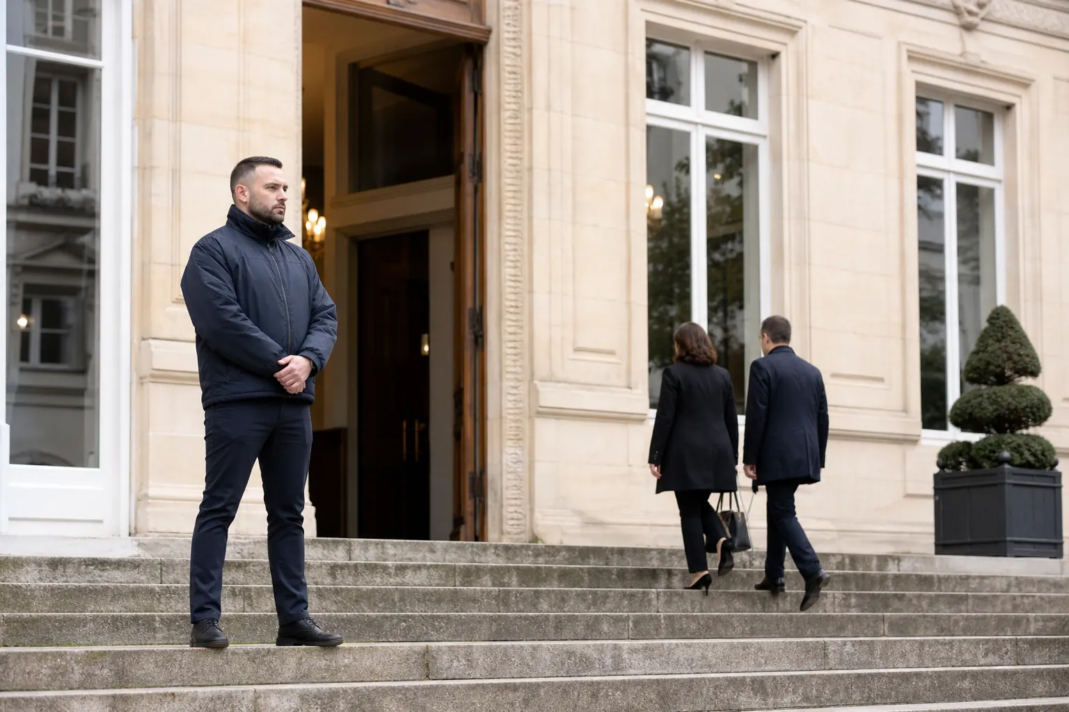 un agent de sécurité sur les marches d'une mairie française