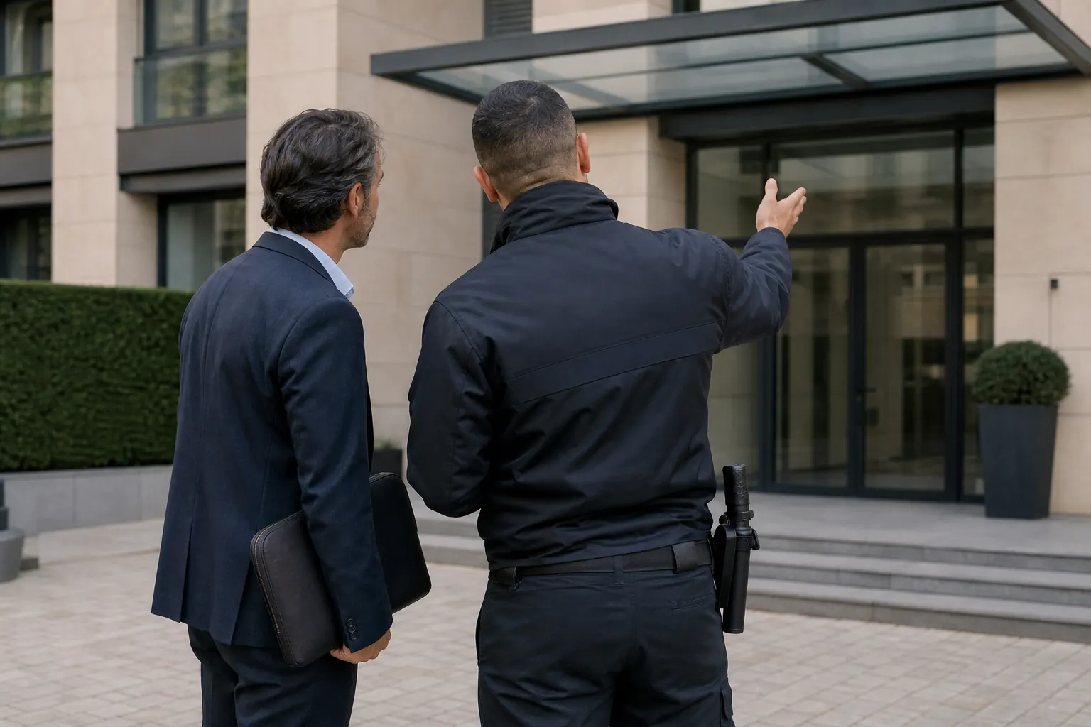 un client et un agent qui observent ensemble l'entrée d'un bâtiment