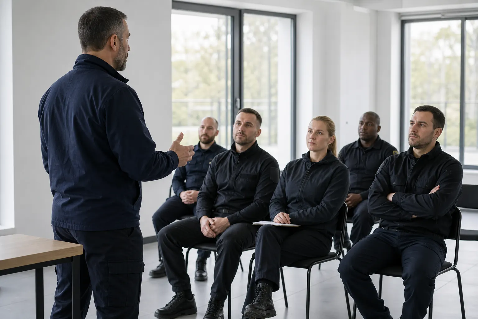 une salle de formation claire, un formateur en veste bleu marine face à quelques adultes assis