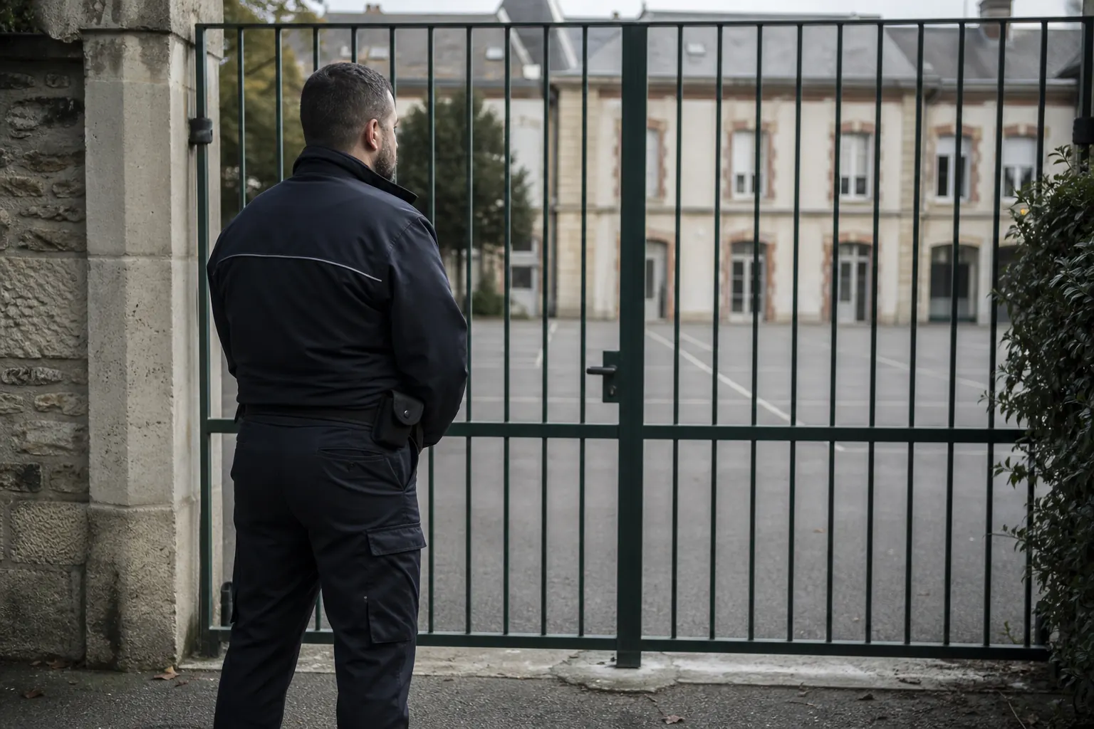 un agent de sécurité adulte devant le portail fermé d'une école, cour vide