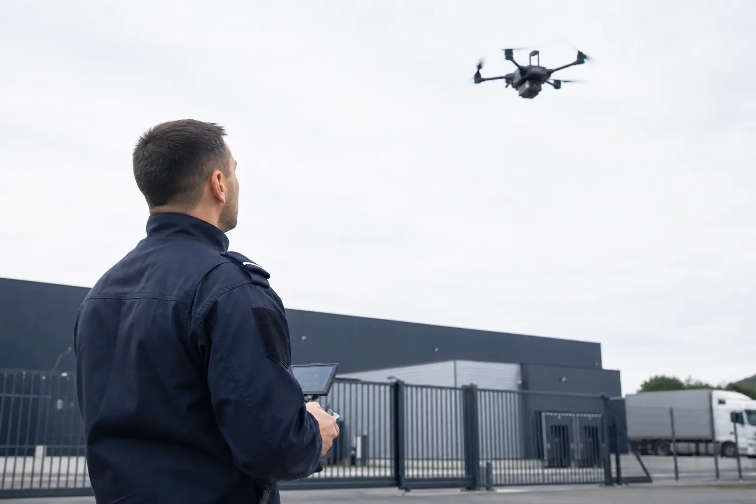 un agent qui regarde un petit drone professionnel au-dessus d'un site