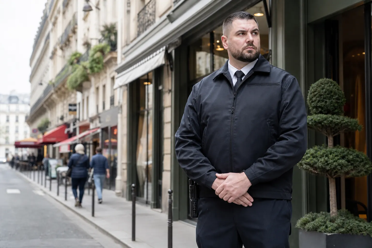 un agent devant des commerces calmes, rideaux encore ouverts, rue parisienne