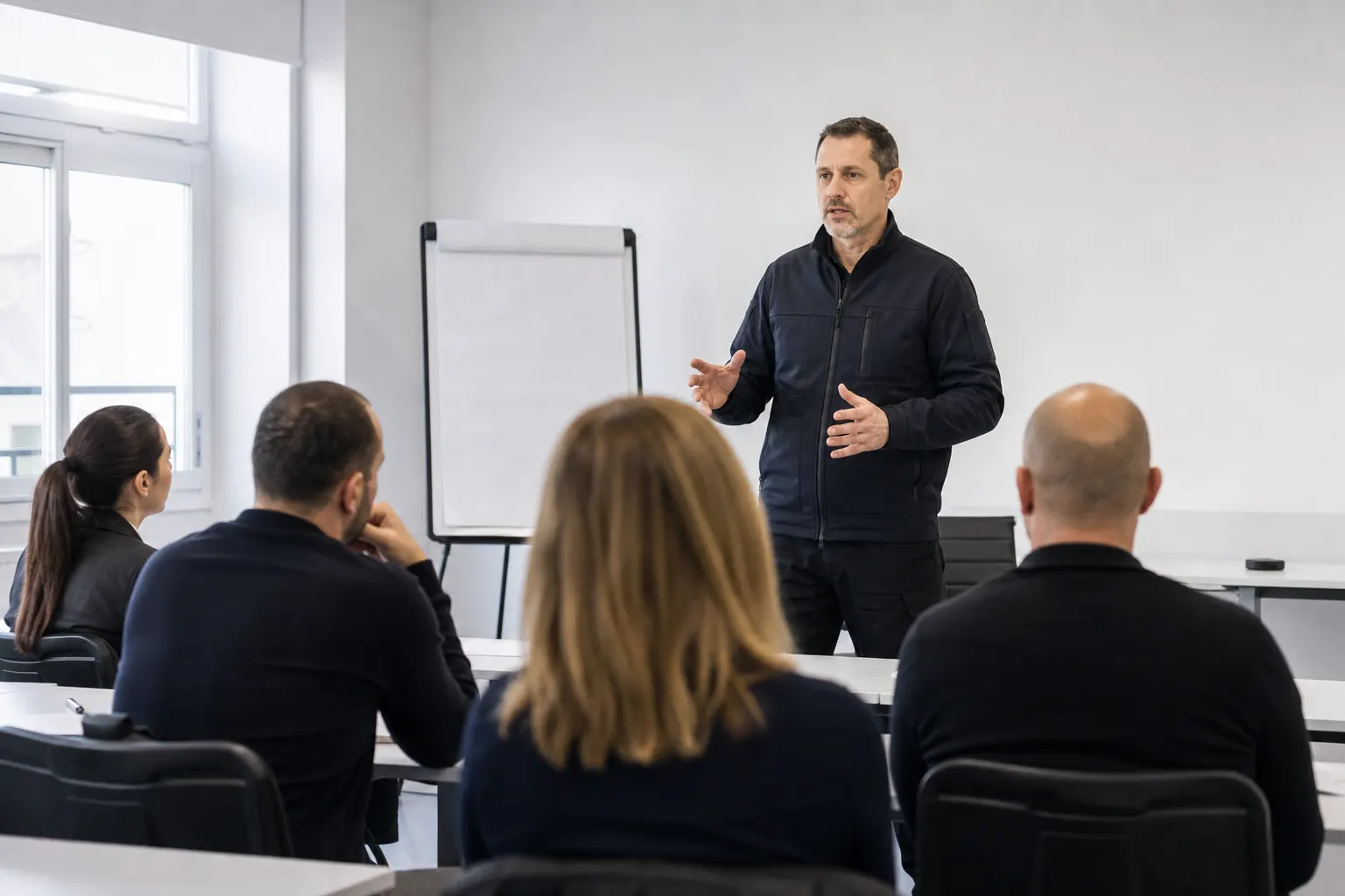 une salle de formation claire, un formateur en veste bleu marine face à quelques adultes assis