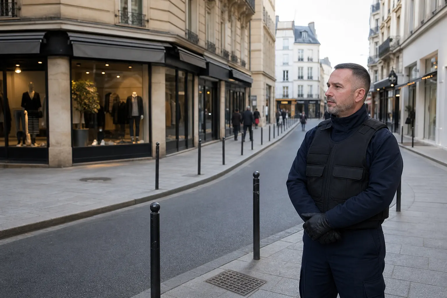 un agent devant des commerces calmes, rideaux encore ouverts, rue parisienne
