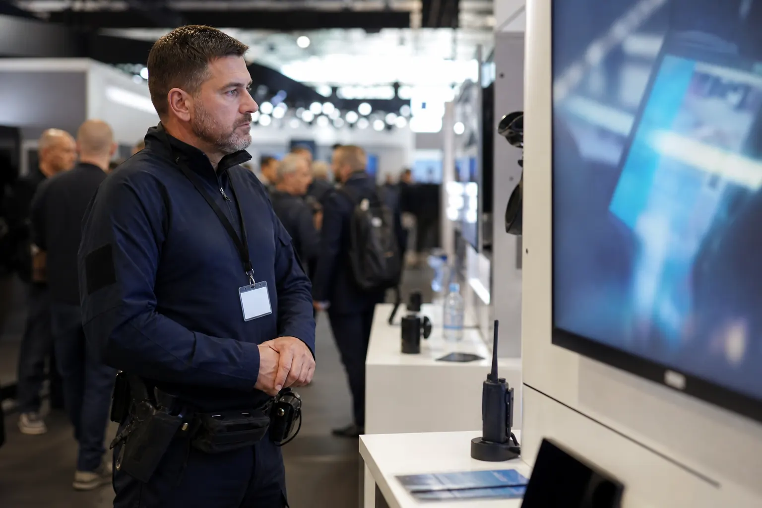 un salon professionnel de sécurité, un agent près d'un écran flou