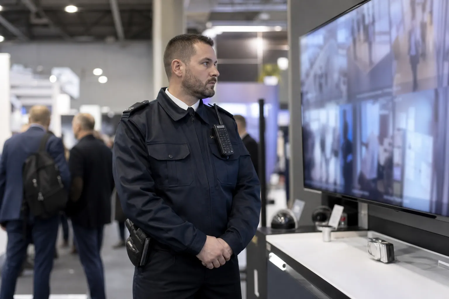 un salon professionnel de sécurité, un agent près d'un écran flou