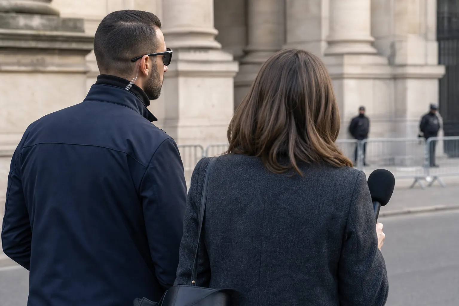 un agent à côté d'un journaliste de dos, micro sans logo, conférence sobre