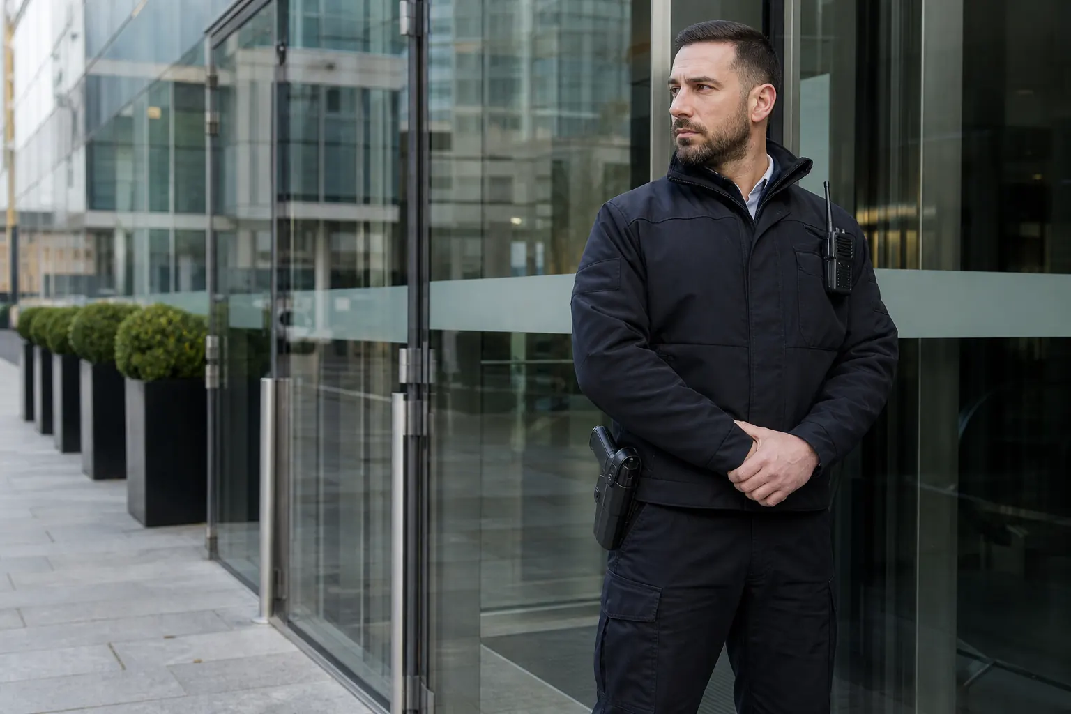 un agent de sécurité calme en poste, arme de poing restée dans son étui, jamais braquée