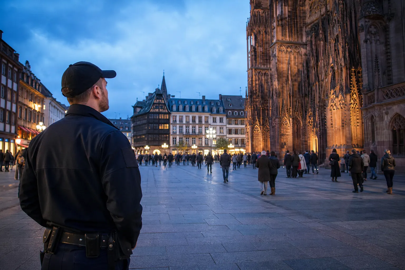 un agent de sécurité sur une place de cathédrale au crépuscule, scène calme