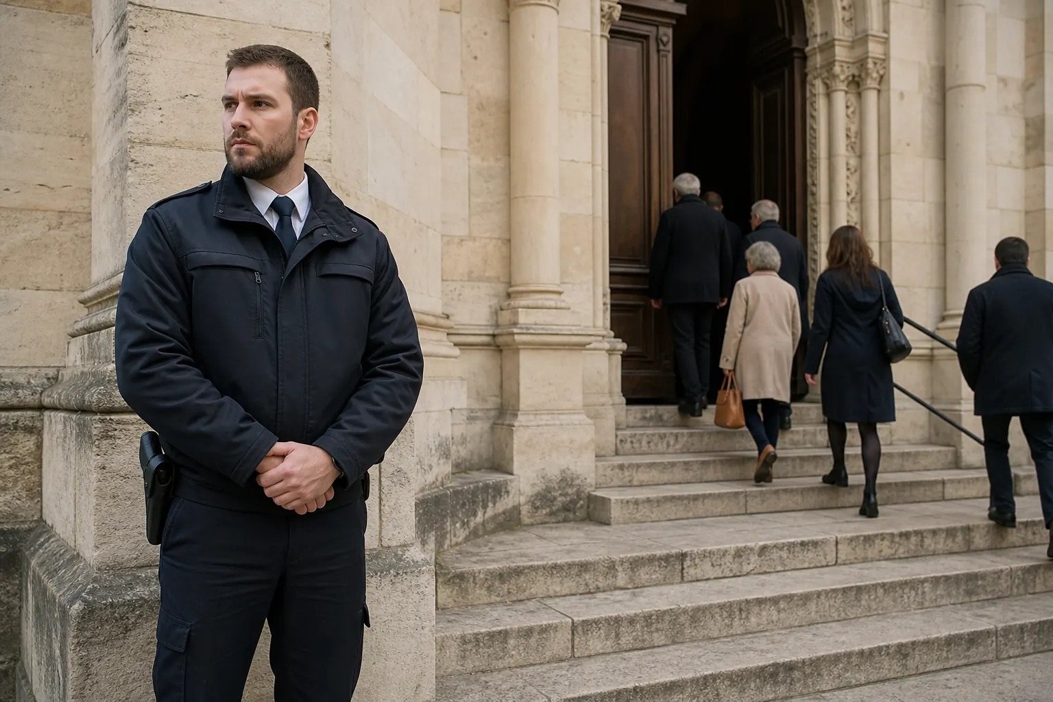 un agent respectueux devant un lieu de culte, pierre claire, journée calme
