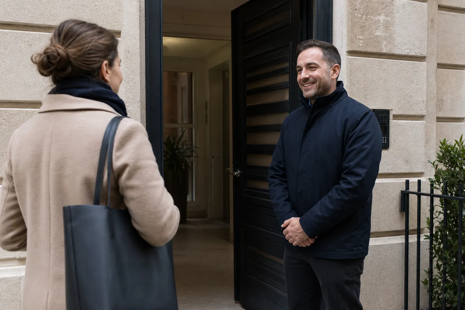un agent accueillant à l'entrée d'une petite copropriété