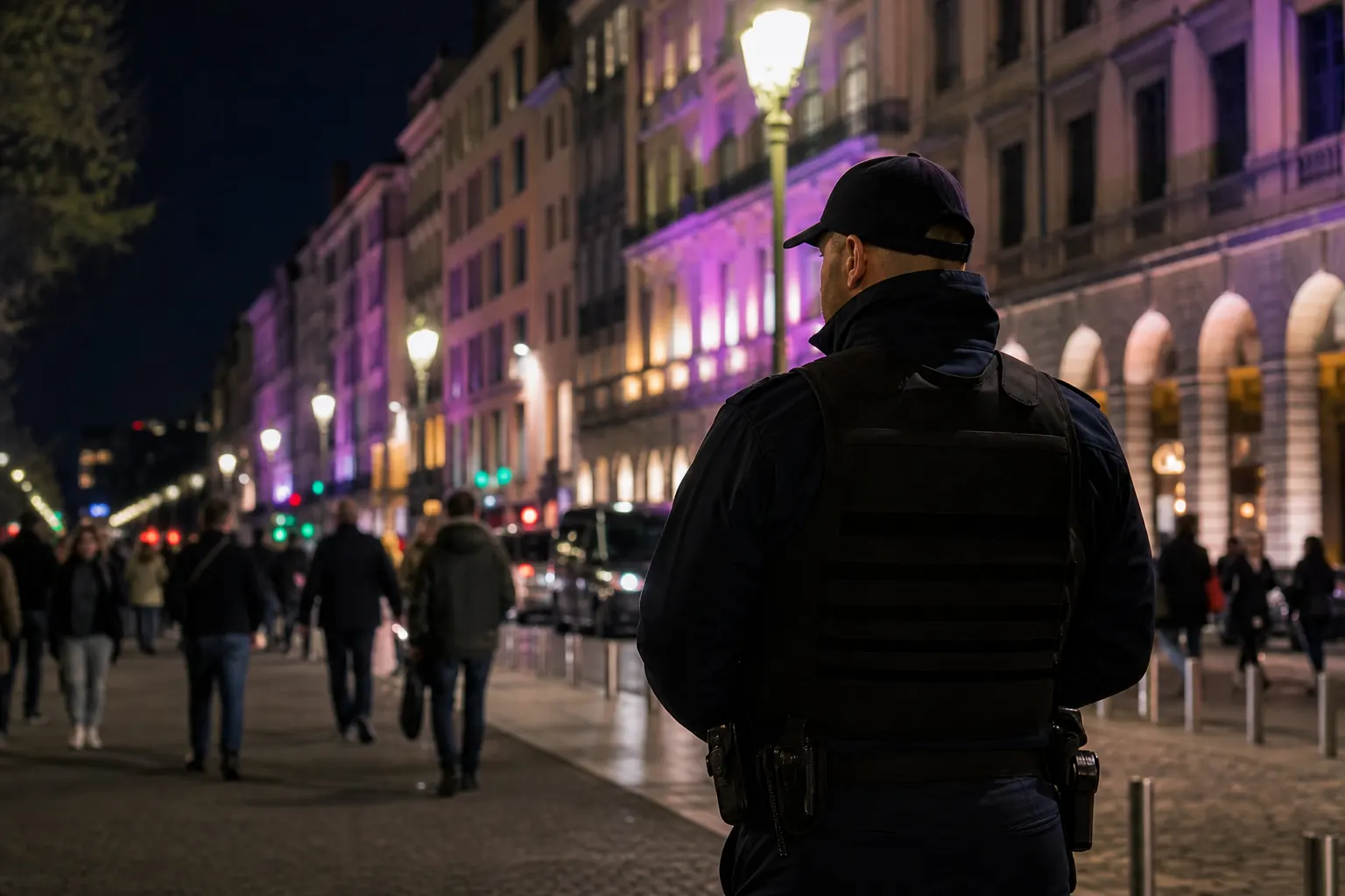 un agent dans une rue de Lyon le soir, façades éclairées de couleurs douces