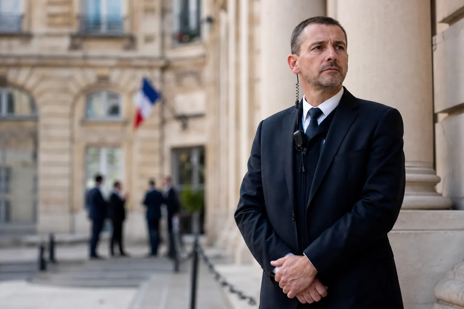un agent devant un bâtiment institutionnel en pierre, drapeau très lointain et flou
