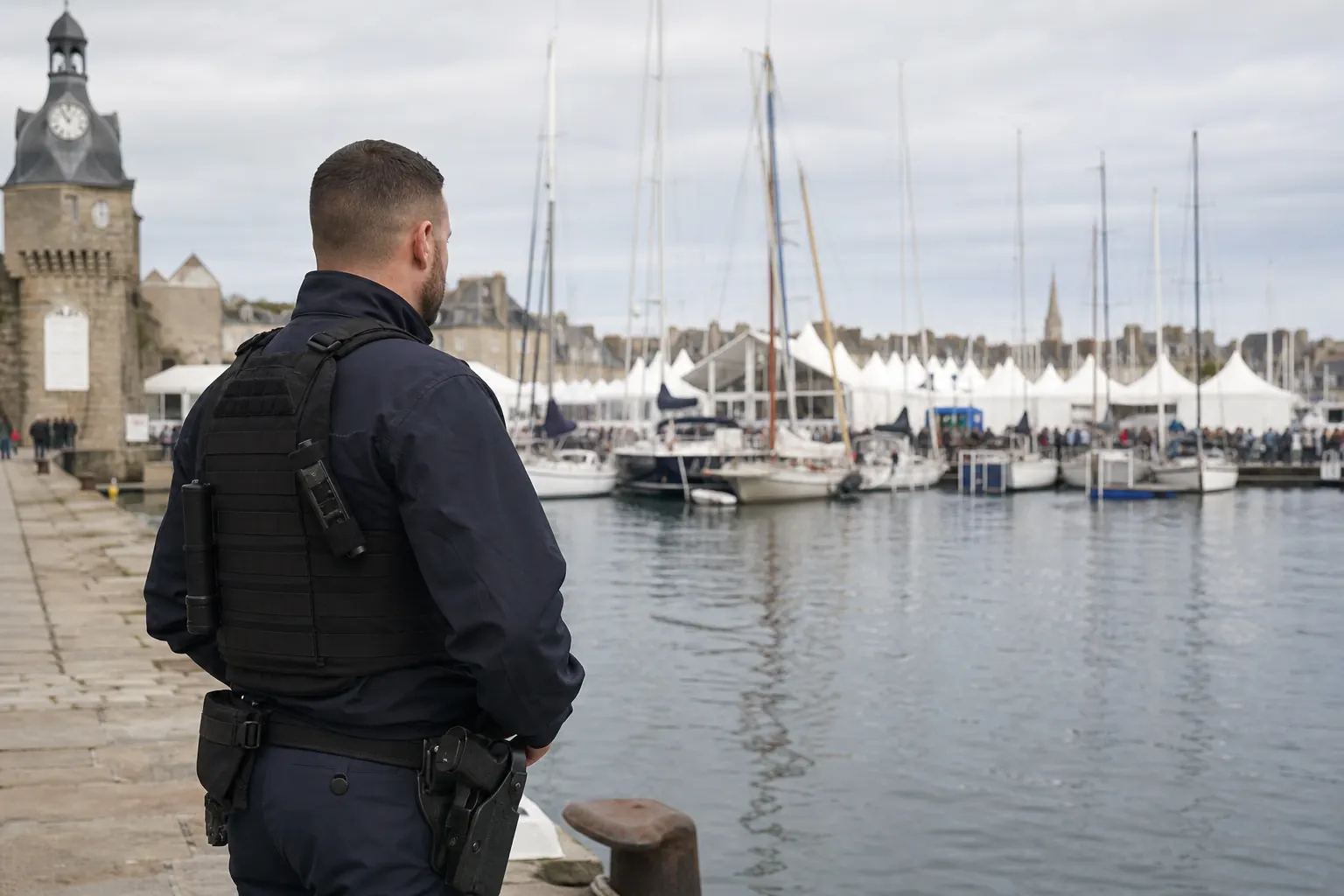 un agent sur un quai de port, mâts et tentes blanches au loin