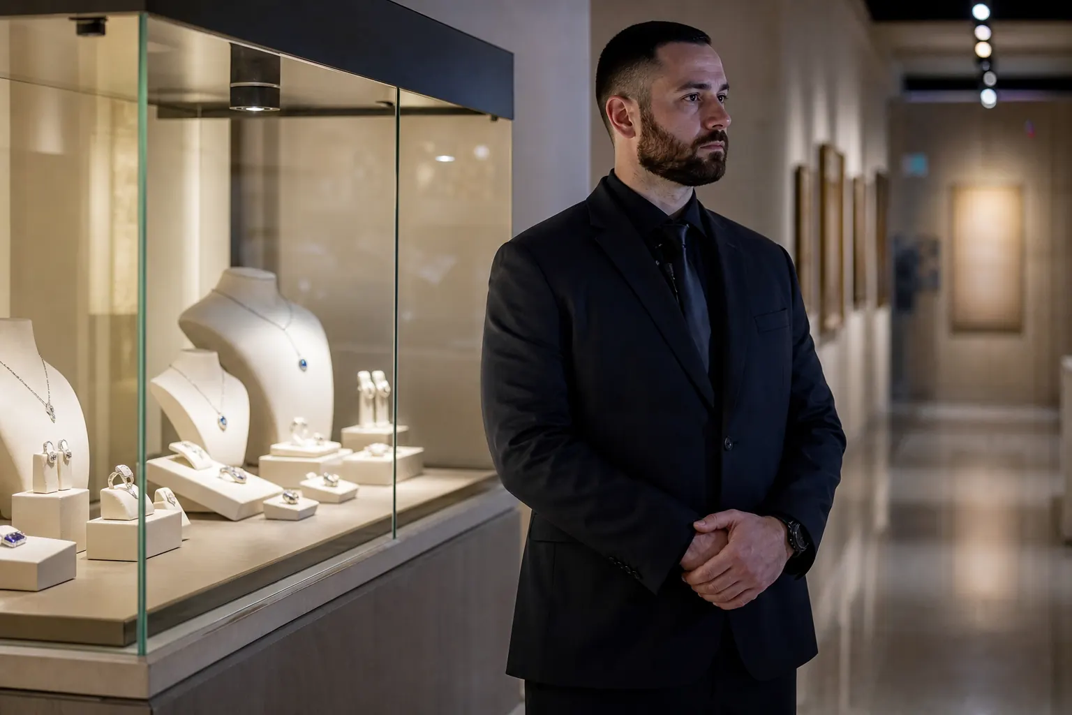 un agent dans une galerie ou devant une bijouterie, vitrine lumineuse
