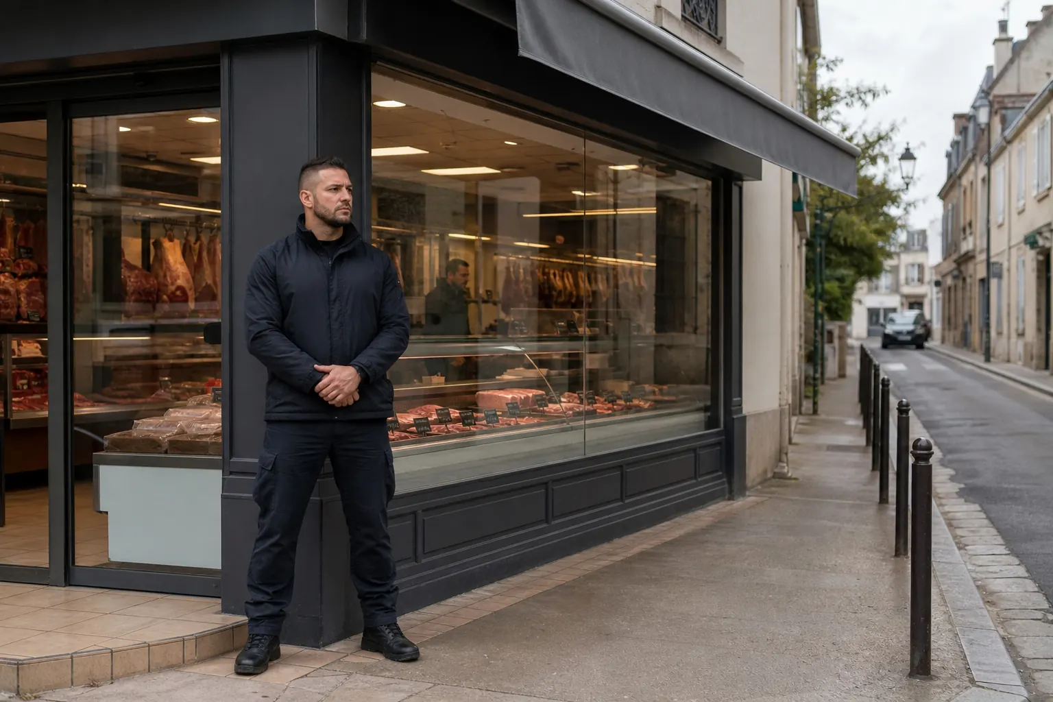 un agent devant une boucherie de quartier, vitrine nette, rue calme