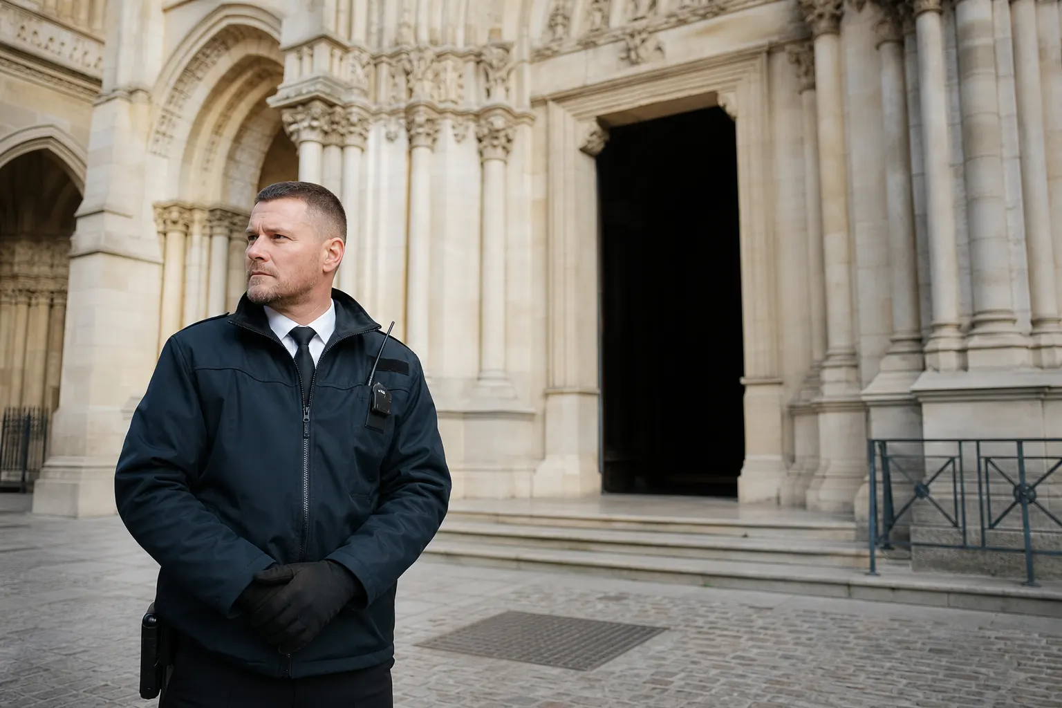 un agent respectueux devant un lieu de culte, pierre claire, journée calme