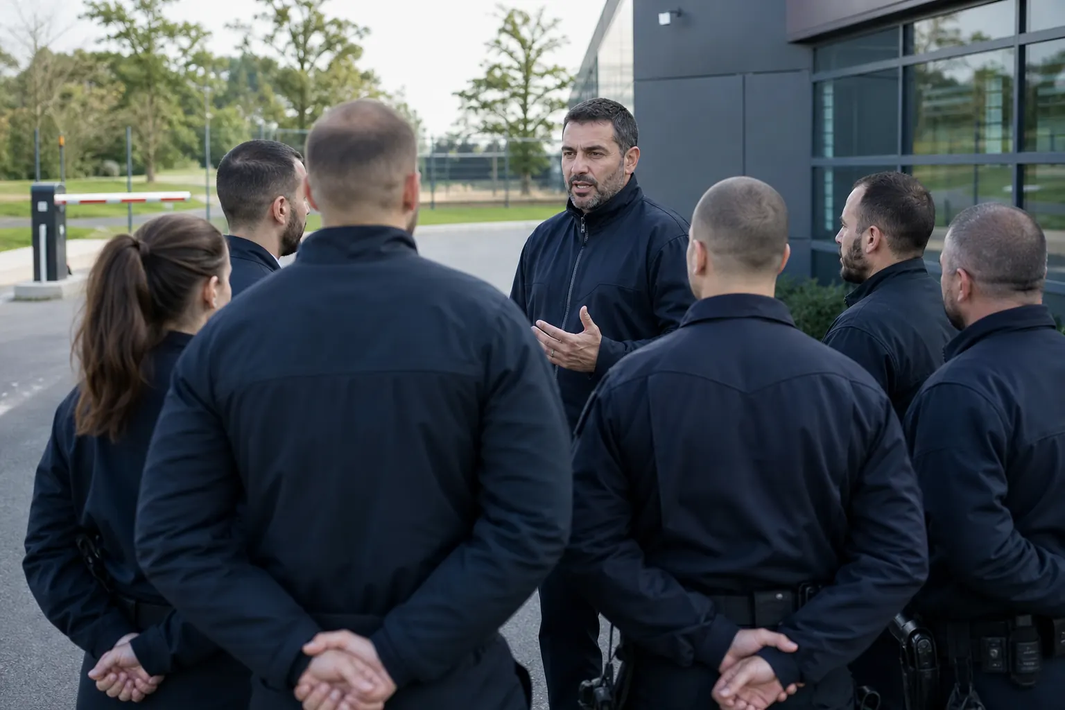 plusieurs agents en briefing du matin devant un site