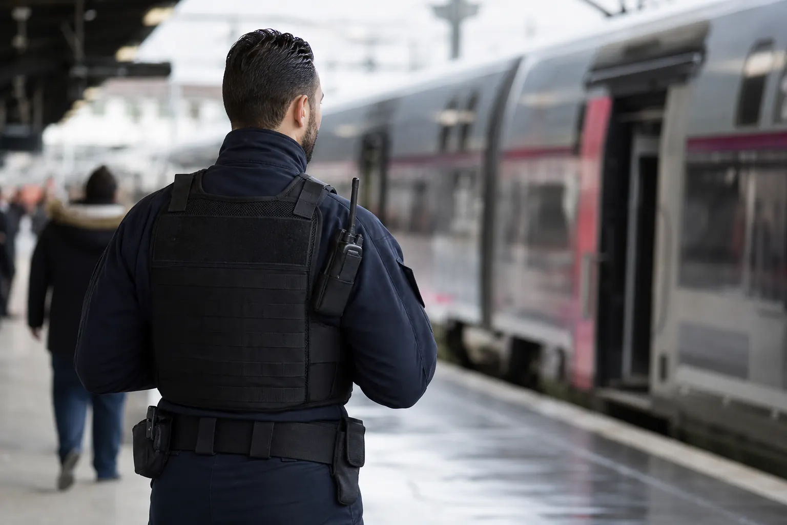 un agent sur un quai de gare, train flou à l'arrière