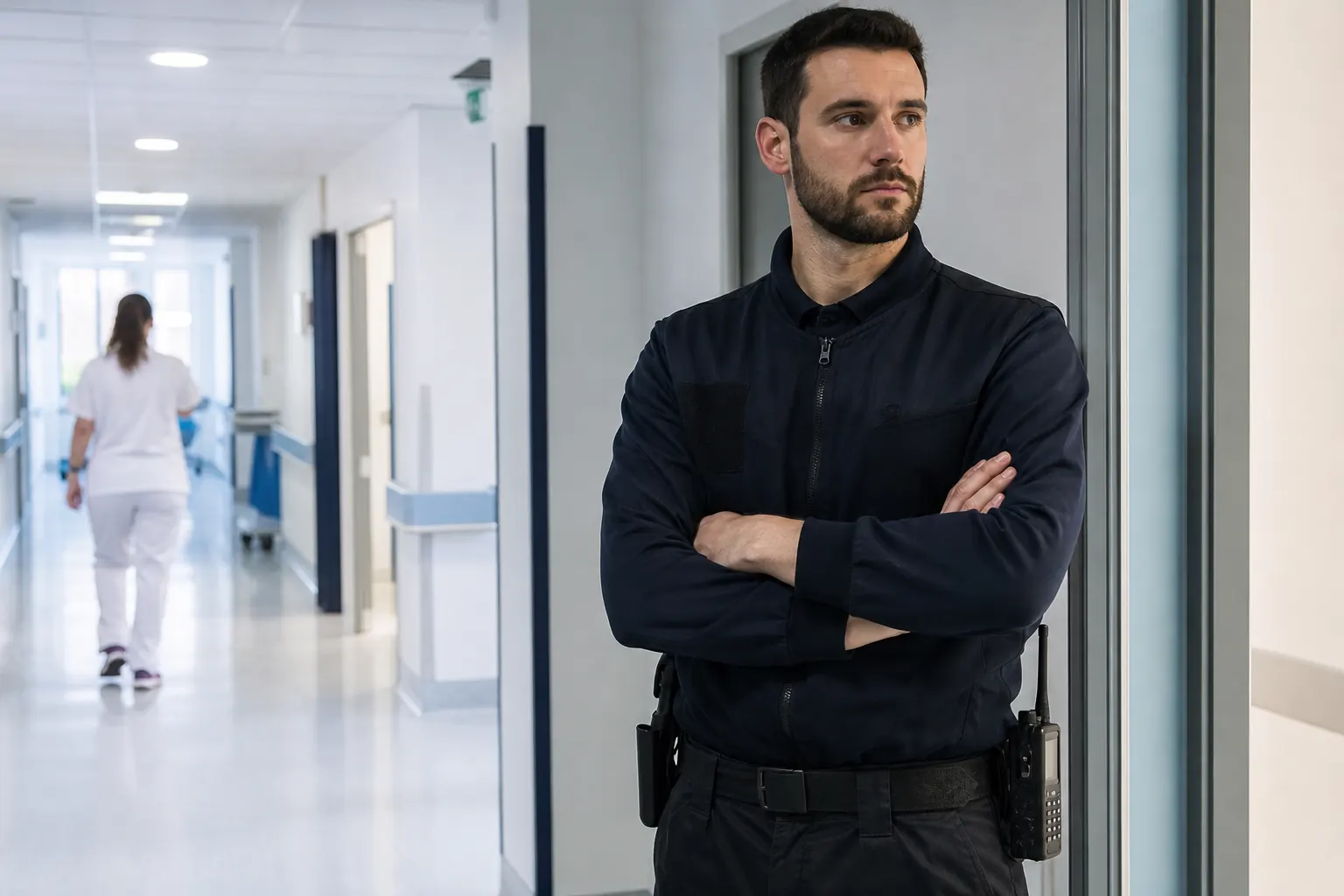 un agent dans un couloir d'hôpital clair et calme