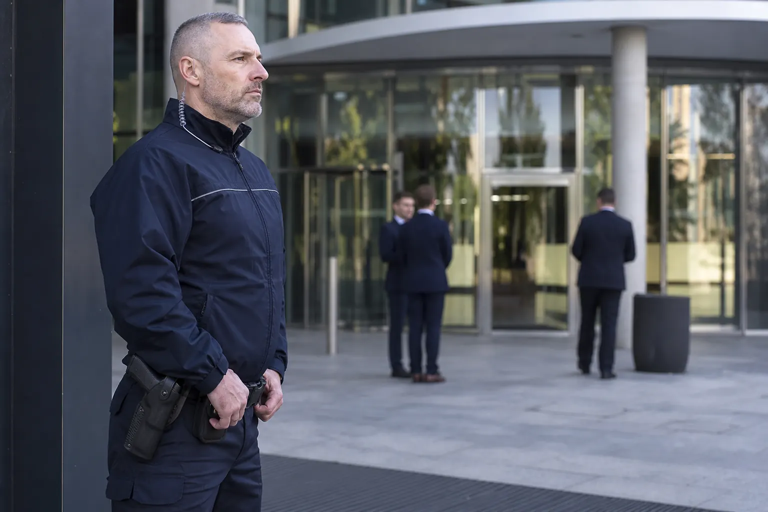 un agent de sécurité calme en poste, arme de poing restée dans son étui, jamais braquée