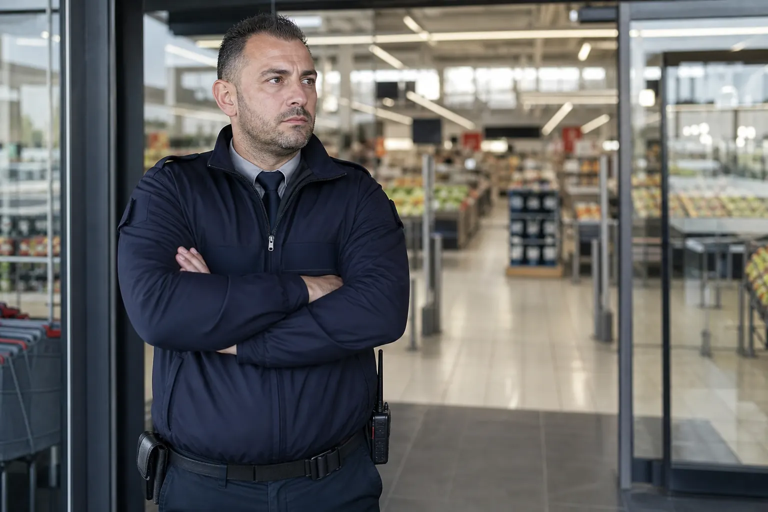 un agent de sécurité à l'entrée d'un supermarché français, allées lumineuses derrière lui