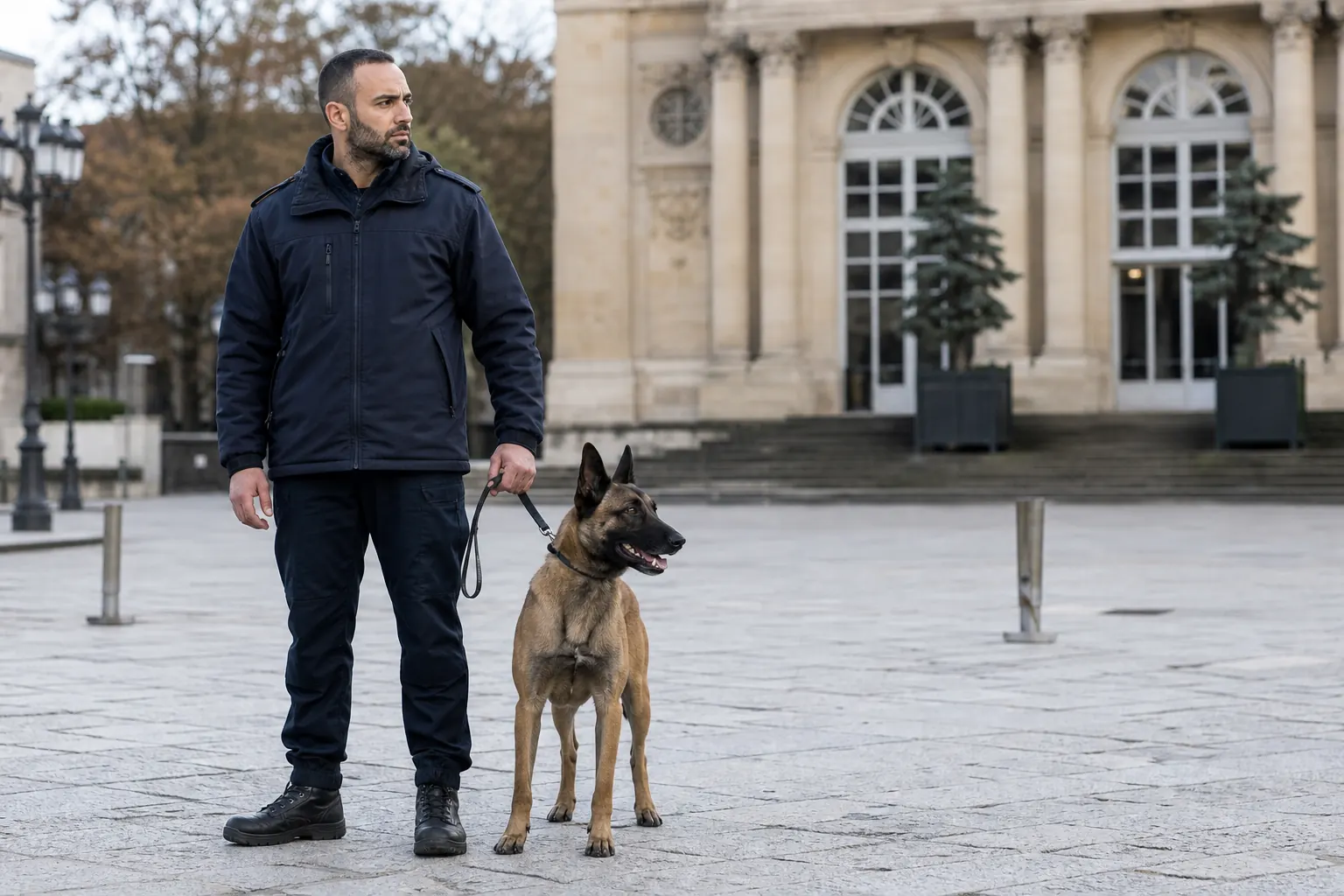 un agent cynophile avec un malinois calme en laisse, sur une esplanade