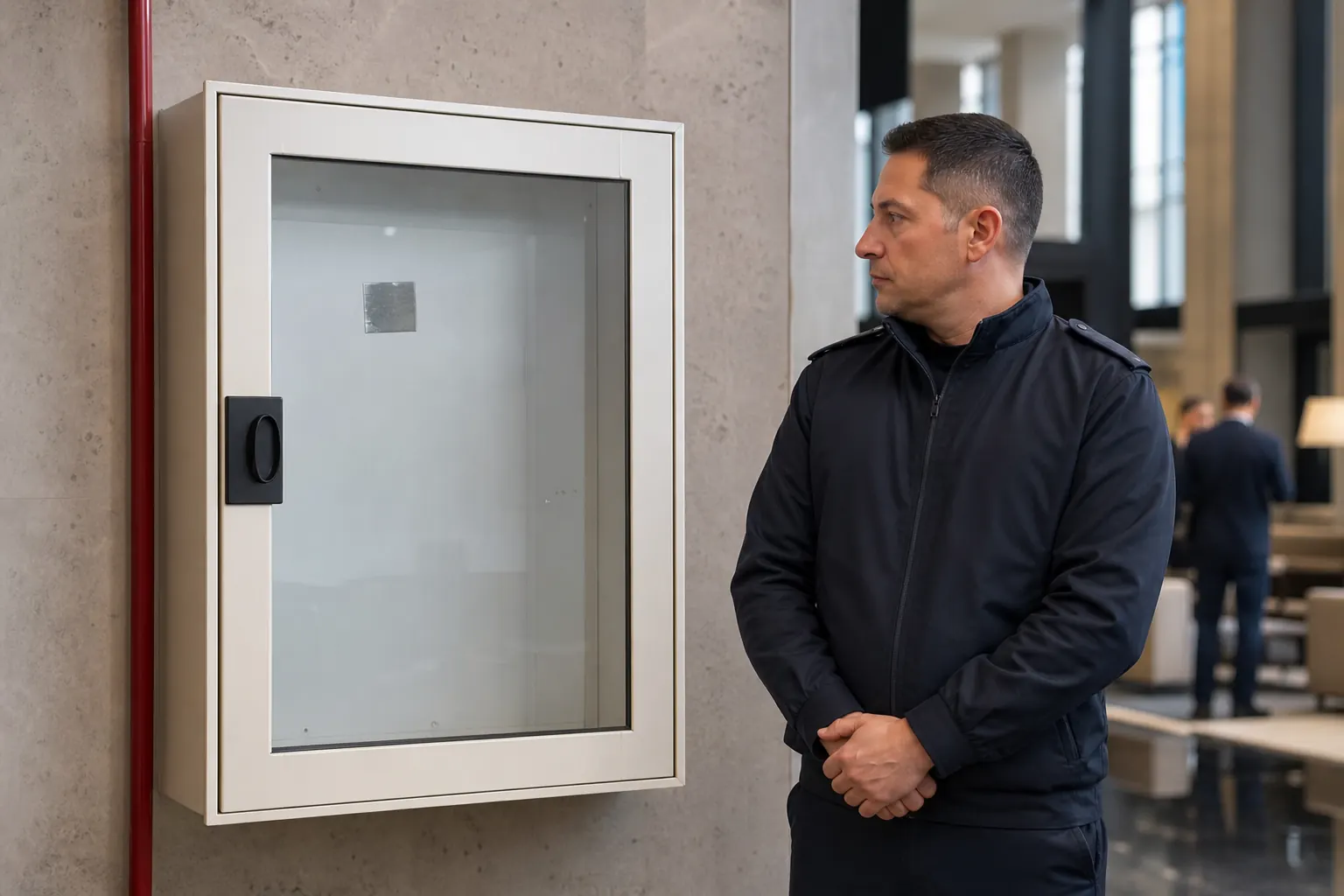 un agent devant un coffret de sécurité incendie dans un hall d'ERP