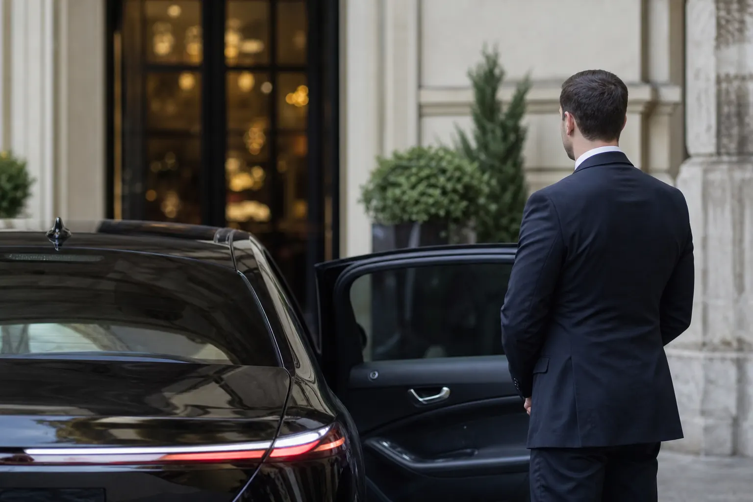 un garde du corps discret en costume sombre près d'une berline noire devant un hôtel