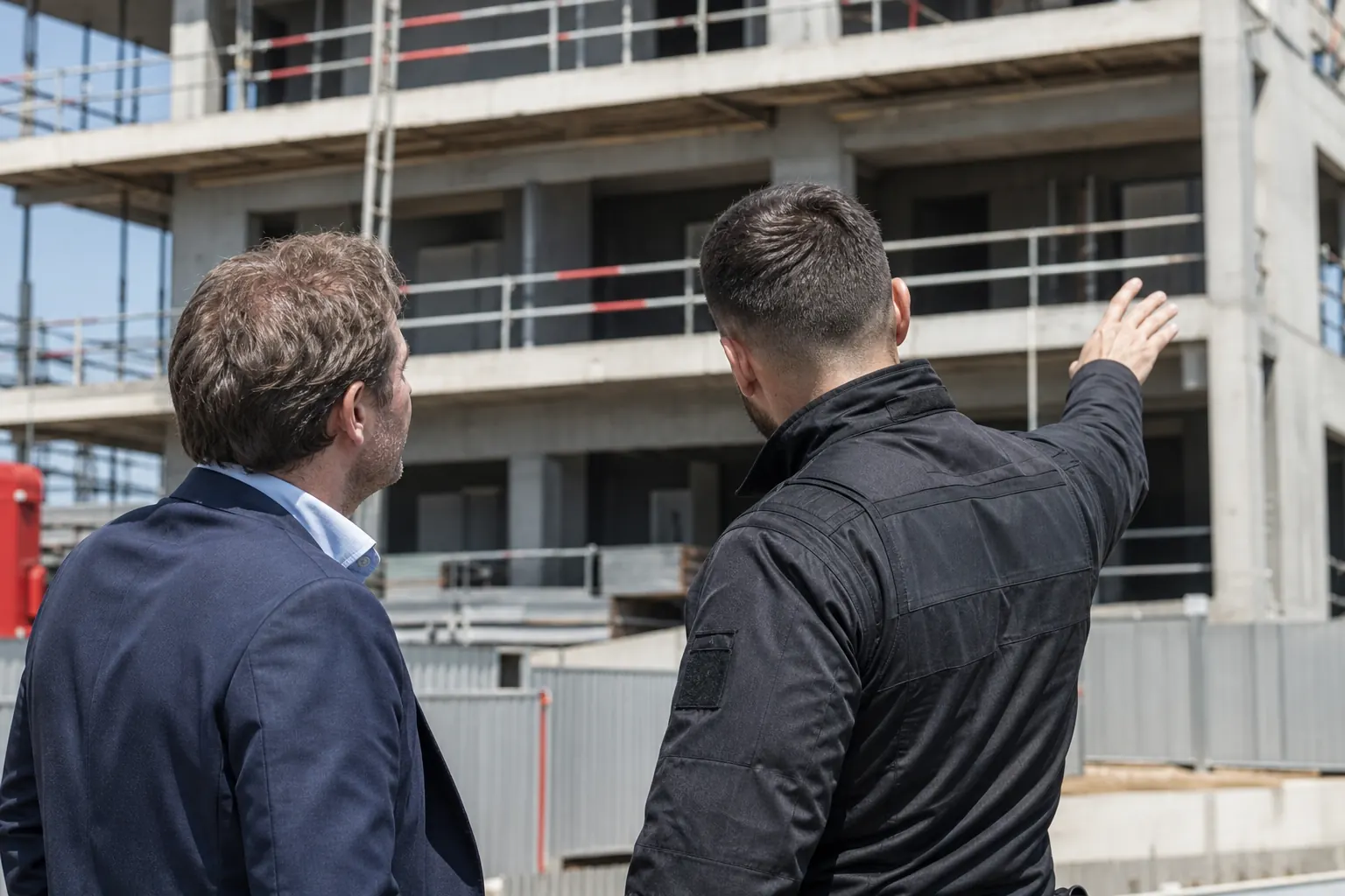 une visite de site entre un client et un agent de sécurité