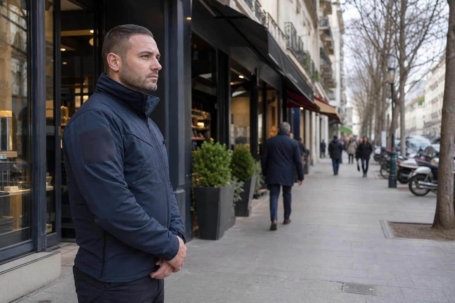 un agent sur un trottoir parisien
