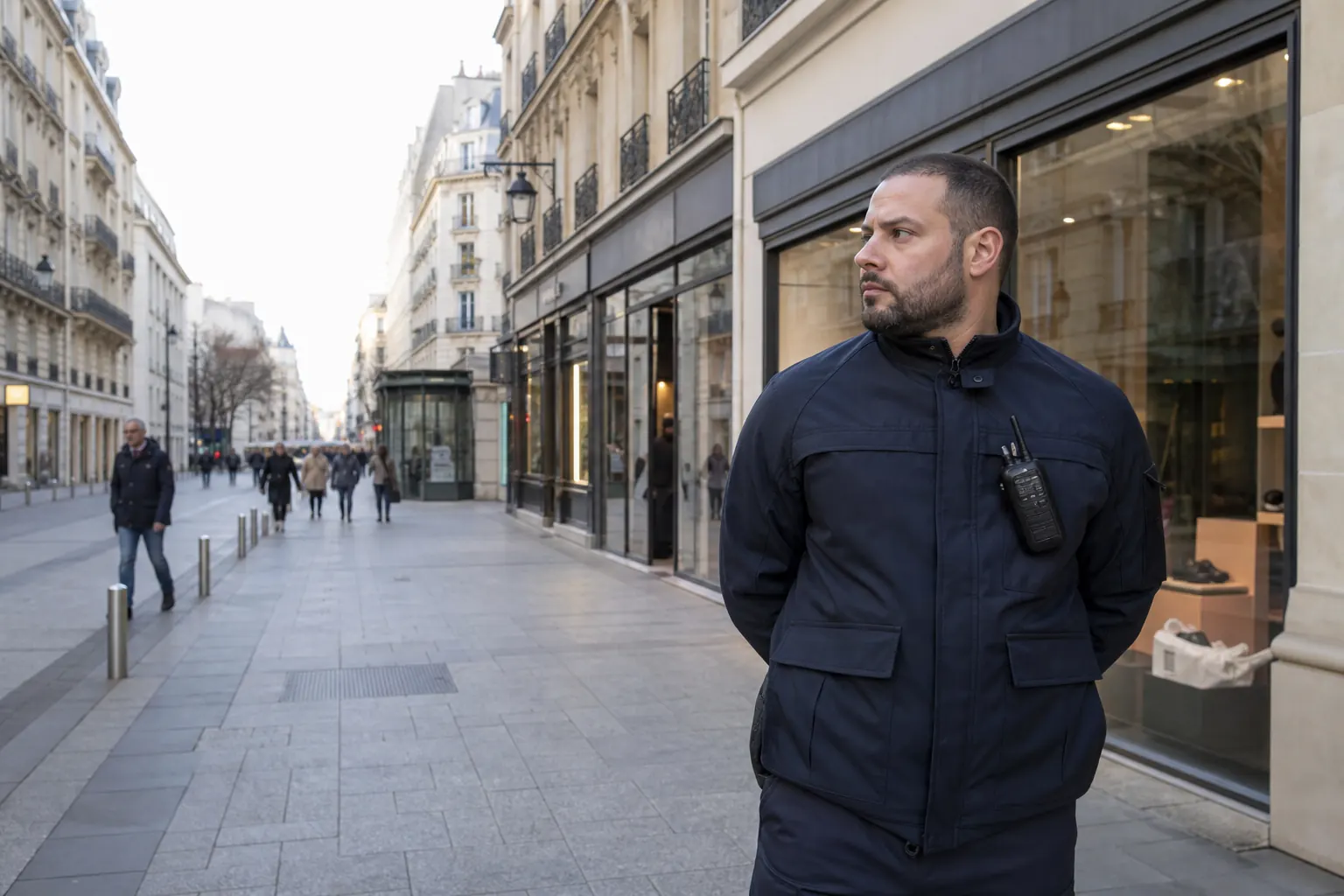 un agent devant des commerces calmes, rideaux encore ouverts, rue parisienne