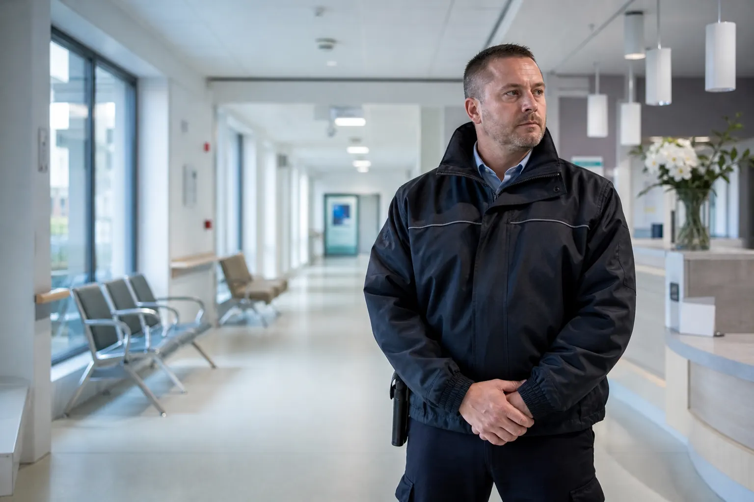 un agent dans un couloir d'hôpital clair et calme