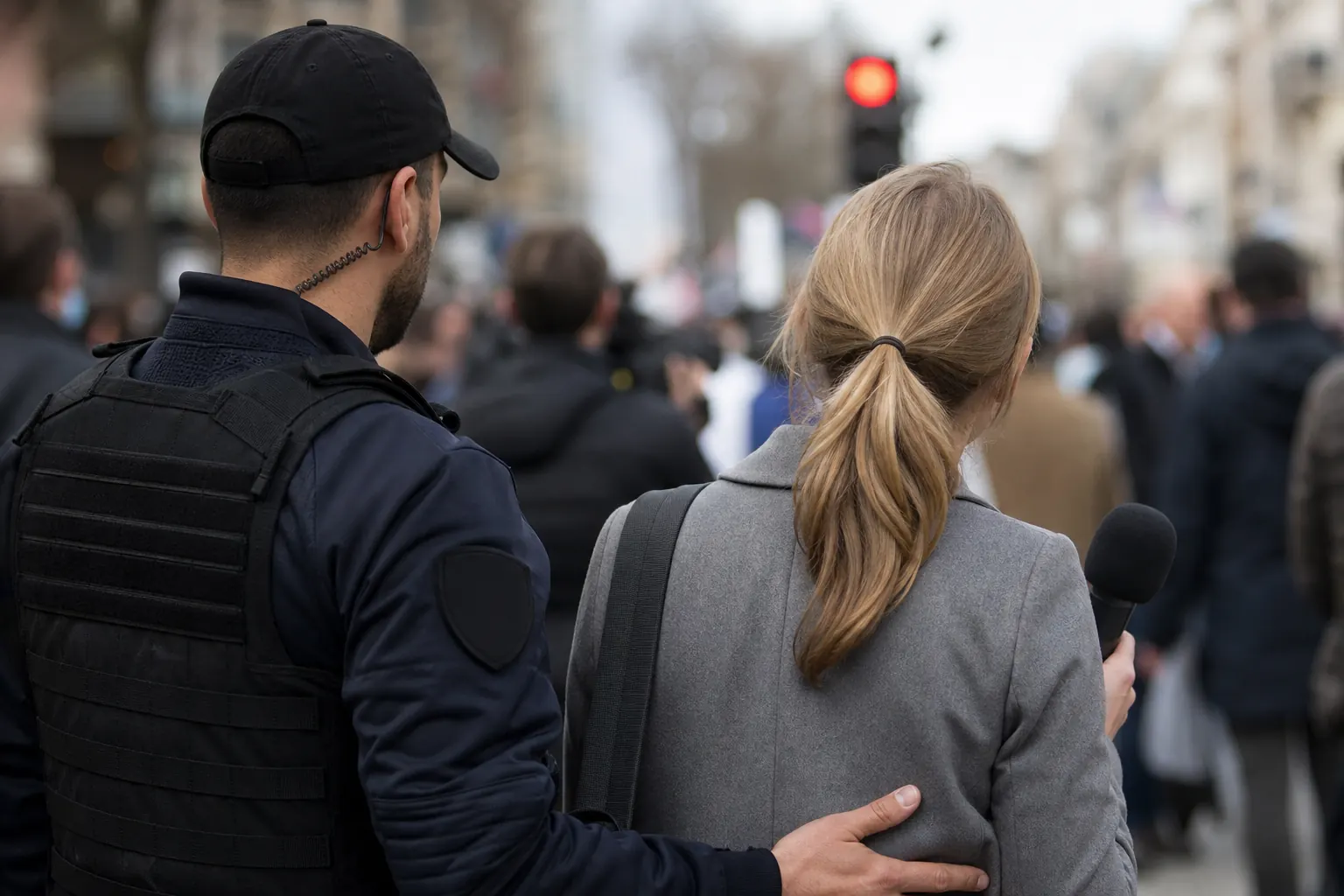 un agent à côté d'un journaliste de dos, micro sans logo, conférence sobre