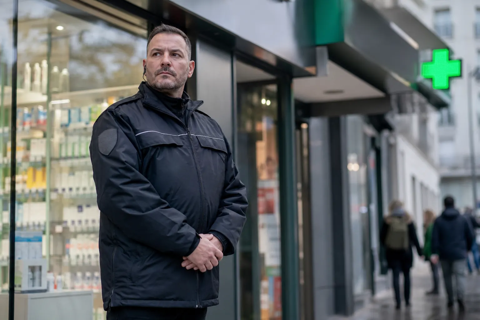 un agent de sécurité devant une pharmacie de quartier, croix verte floue