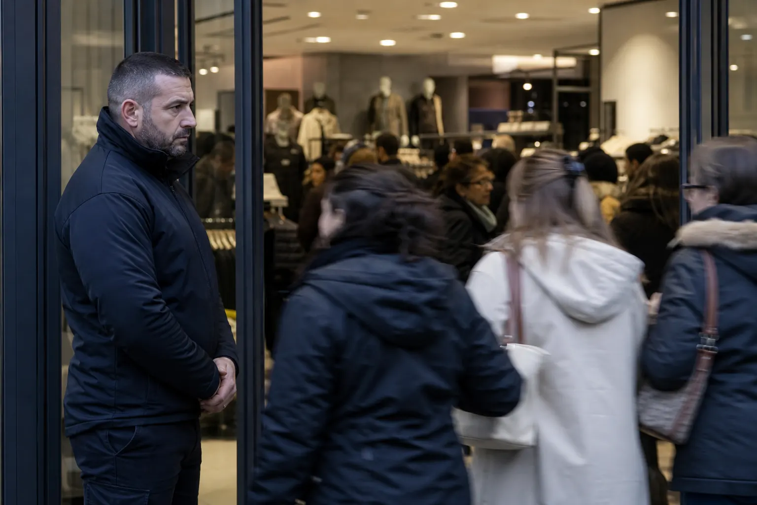 un agent à l'entrée d'un magasin décoré sobrement, foule légère et floue