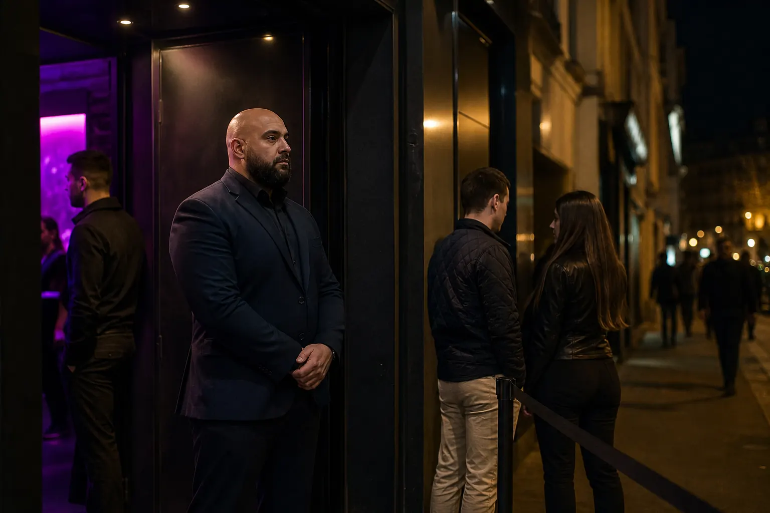 un agent à l'entrée d'une boîte de nuit, néon doux, trottoir calme