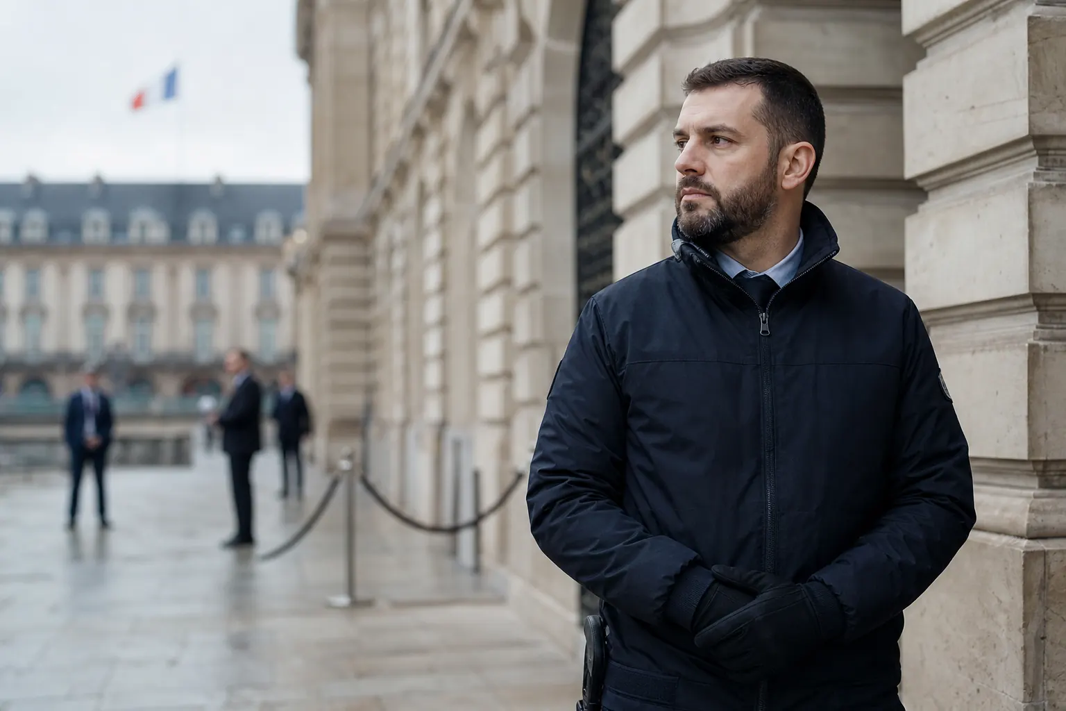 un agent devant un bâtiment institutionnel en pierre, drapeau très lointain et flou