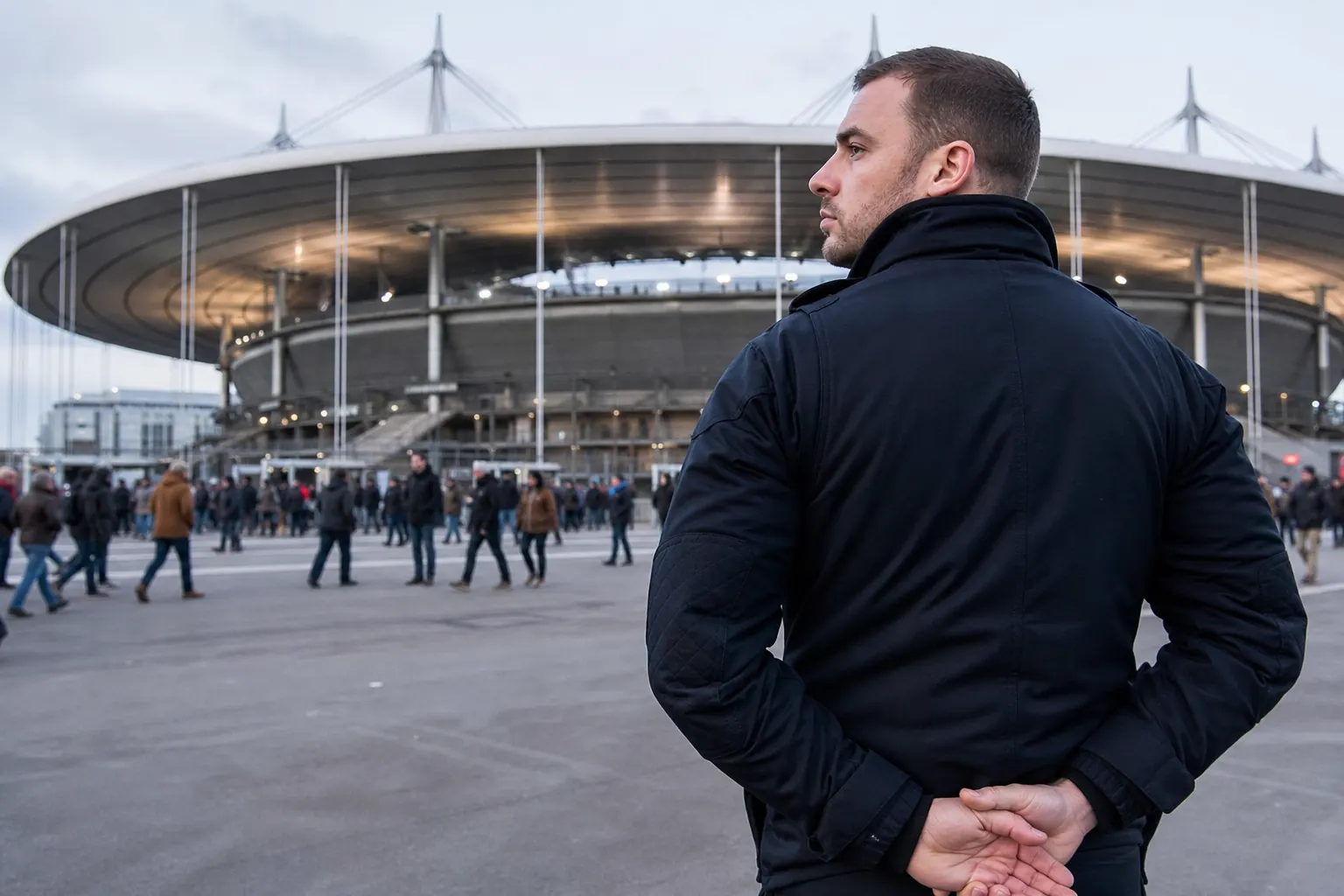 un agent devant un grand stade parisien, sans anneaux ni logo