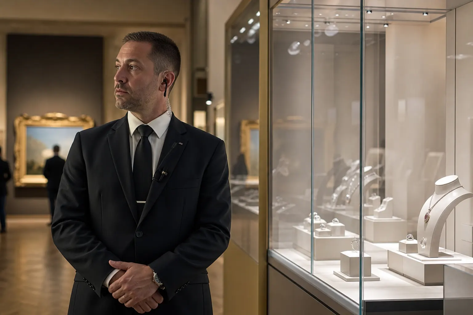 un agent dans une galerie ou devant une bijouterie, vitrine lumineuse