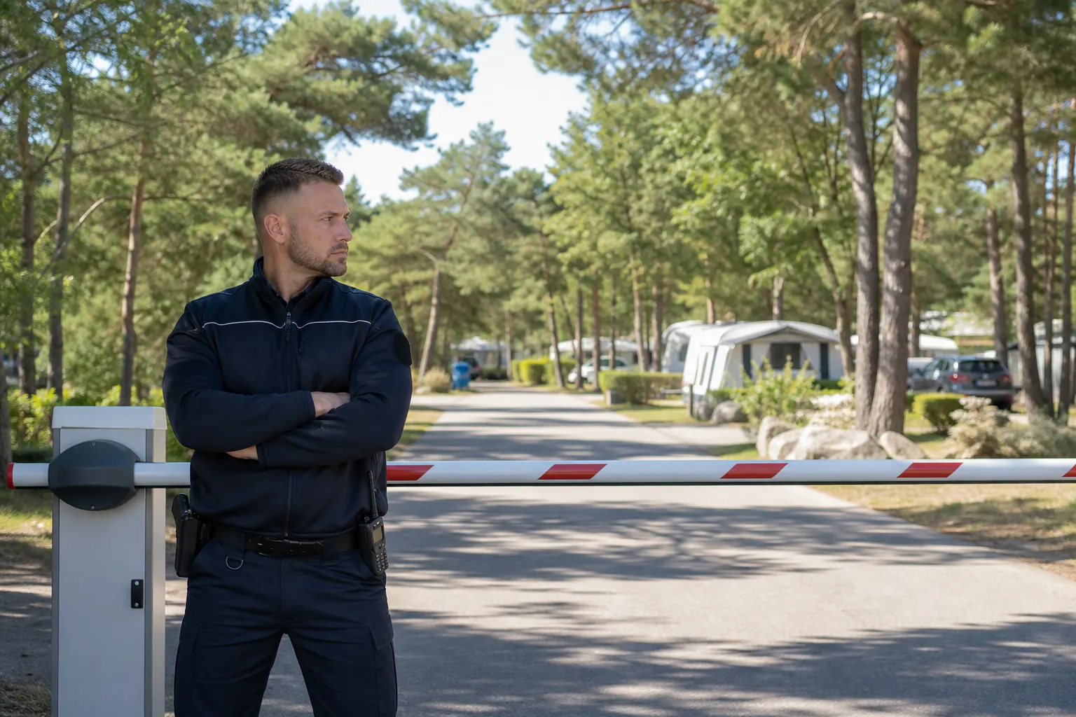 un agent à l'entrée d'un camping, pins et barrière