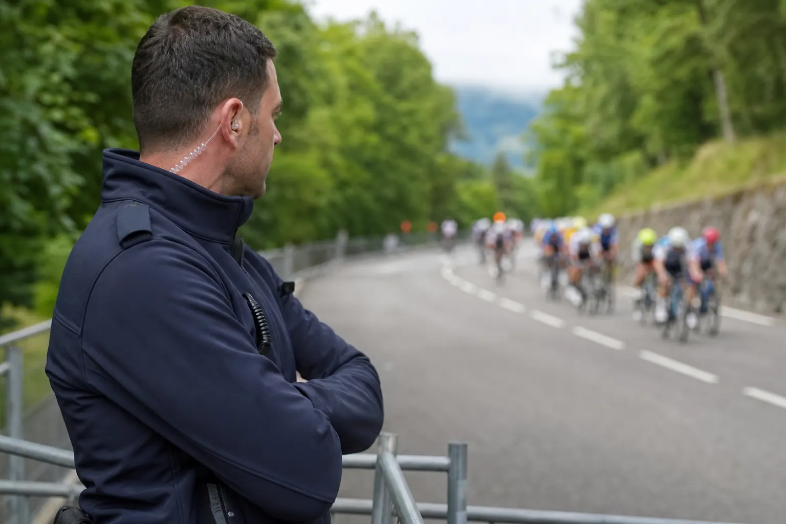 un agent le long d'une route de course fermée, vélos lointains et flous