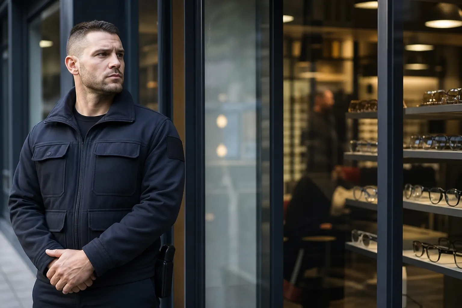 un agent devant une boutique d'optique, lunettes en vitrine floues