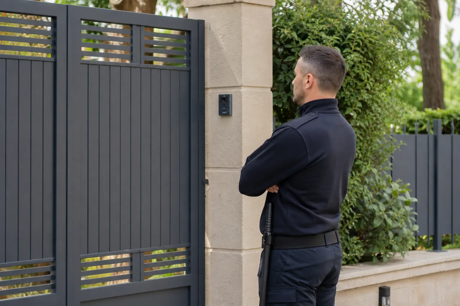 un agent devant une maison fermée et un portail, jardin d'été