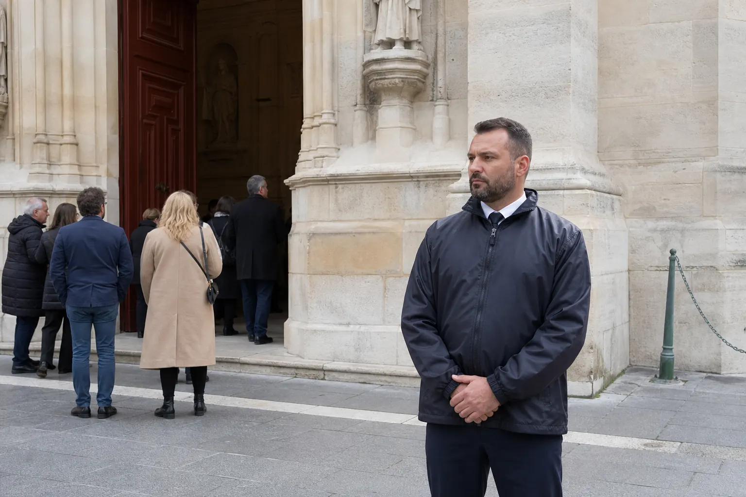 un agent respectueux devant un lieu de culte, pierre claire, journée calme