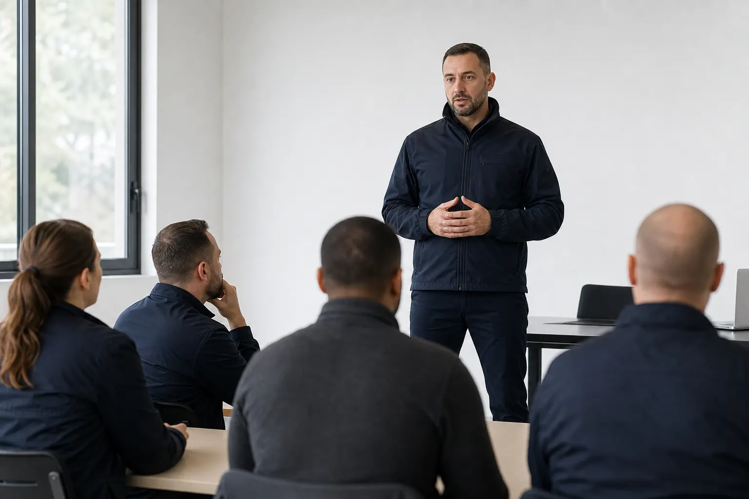 une salle de formation claire, un formateur en veste bleu marine face à quelques adultes assis
