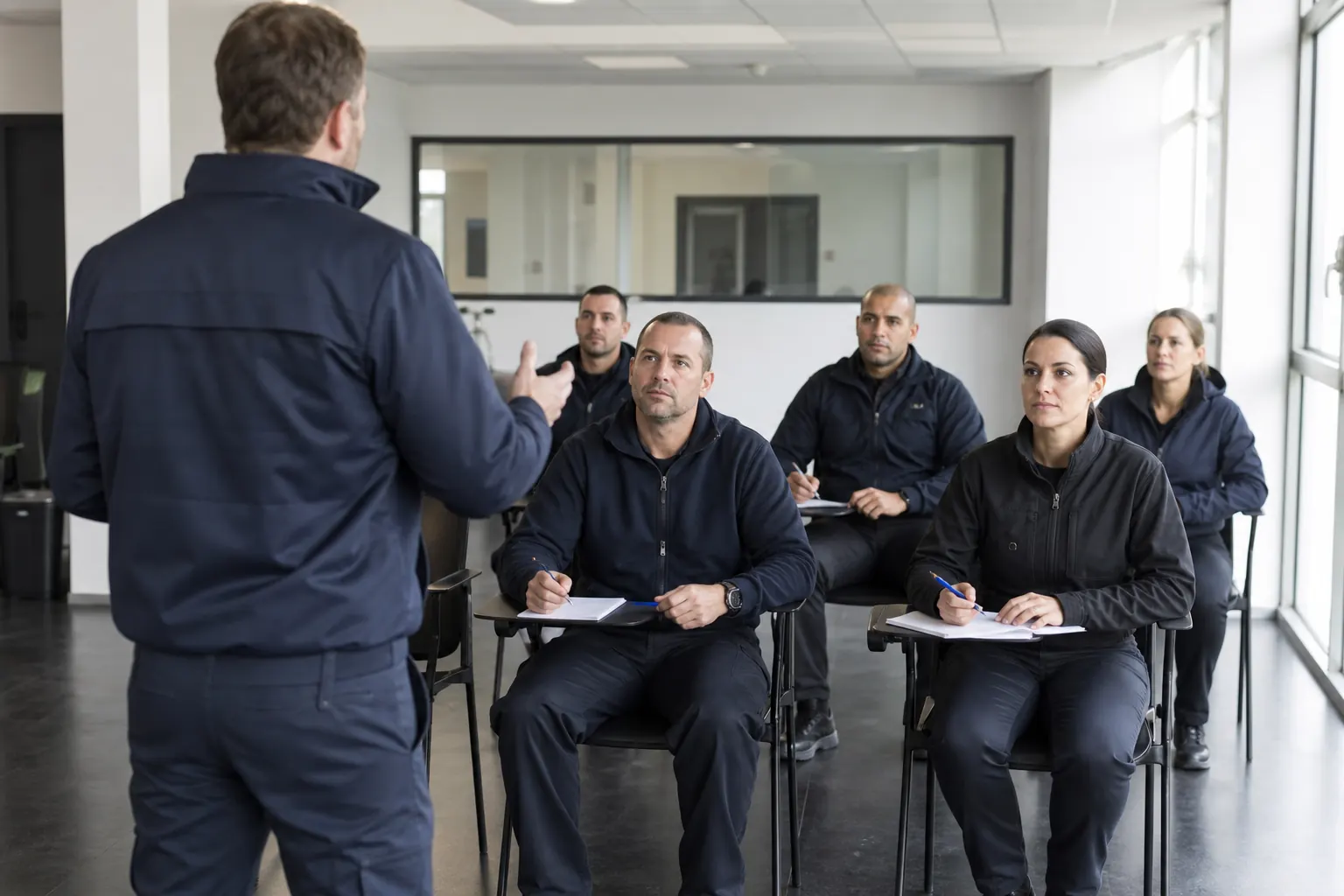 une salle de formation claire, un formateur en veste bleu marine face à quelques adultes assis