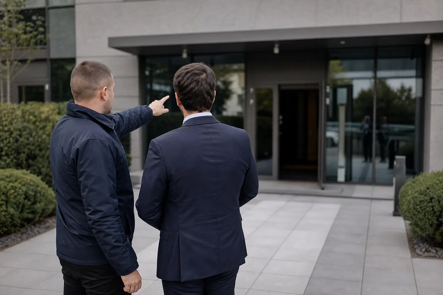 un client et un agent qui observent ensemble l'entrée d'un bâtiment